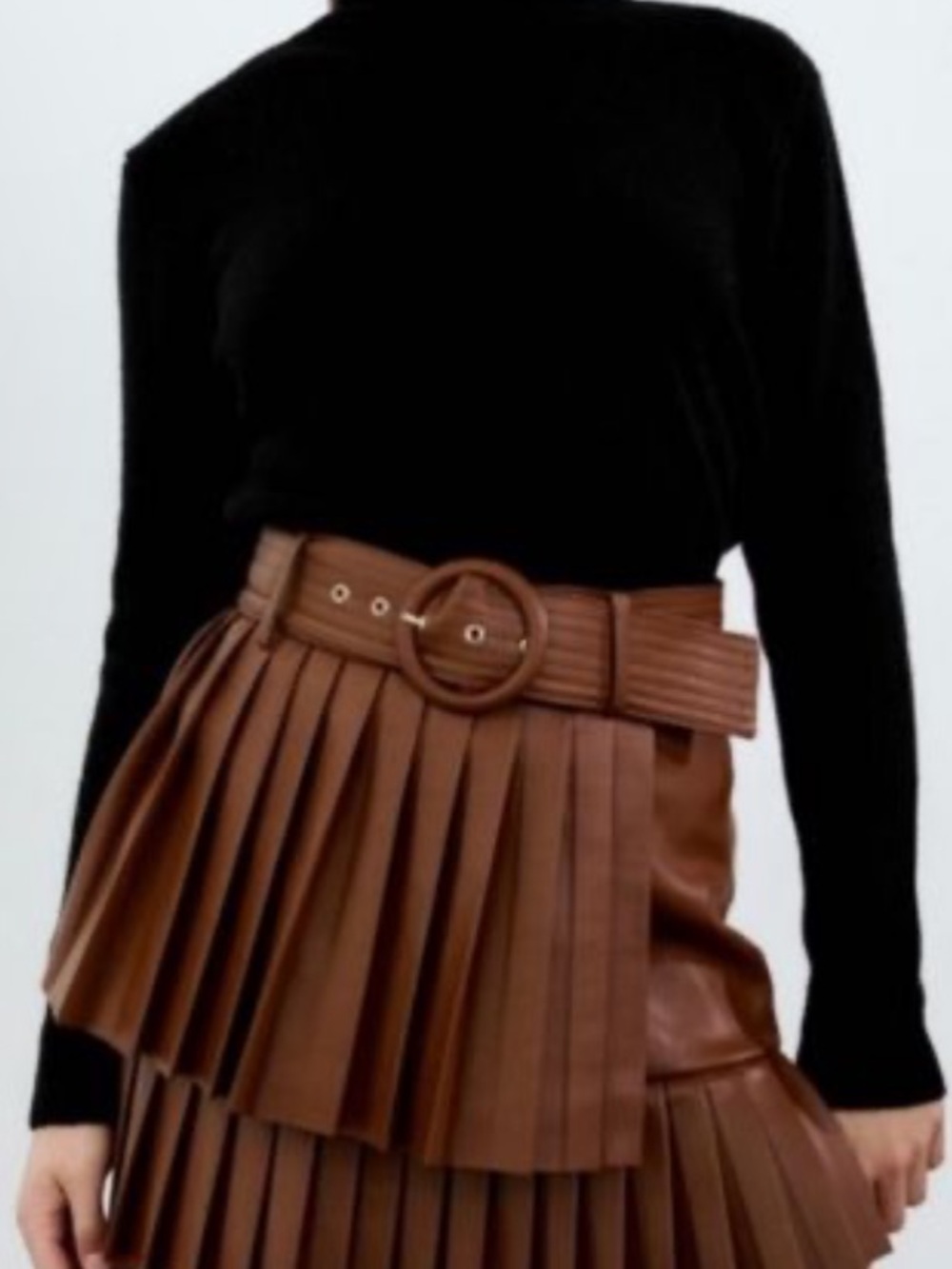 Zara Brown Pleated Faux Leather Belted Skirt